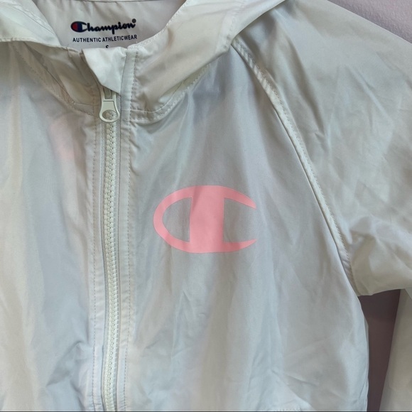CHAMPION Girls White Hooded Logo Windbreaker Rain Jacket Pastel Logo Small - Picture 6 of 14